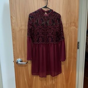 Maroon Shift Dress with bell sleeves and Slip